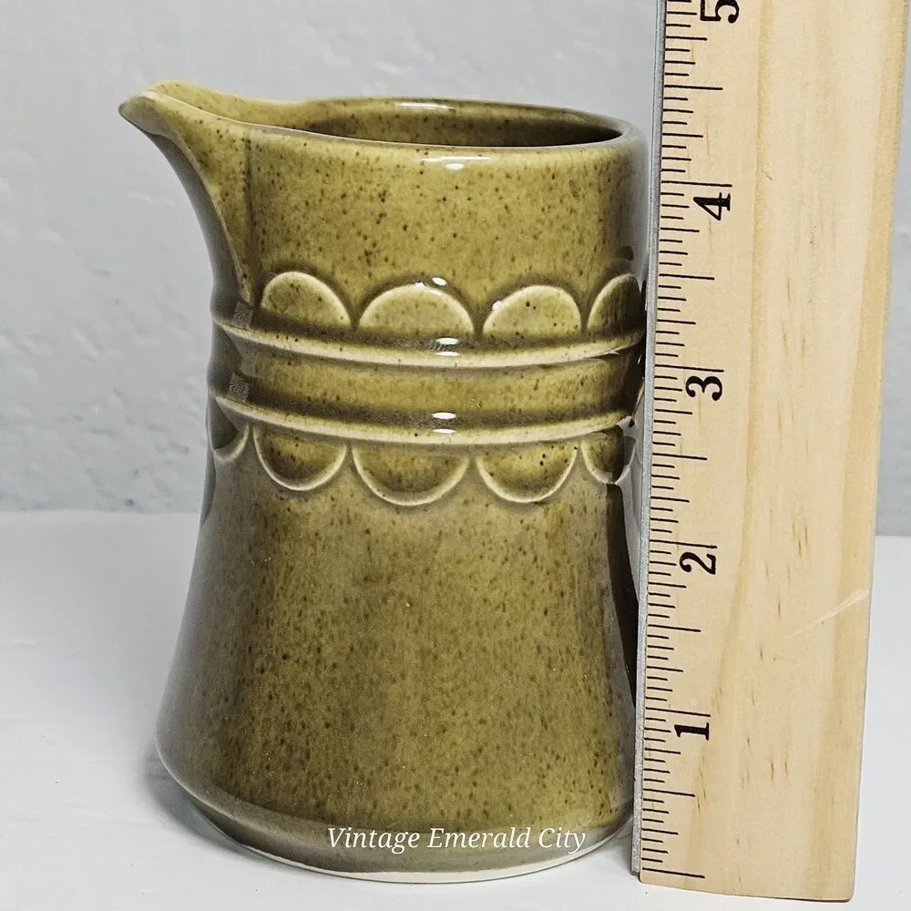 Vtg Homer Laughlin Sheffield 70s Olive Granada Green Ceramic Creamer Pitcher 7in